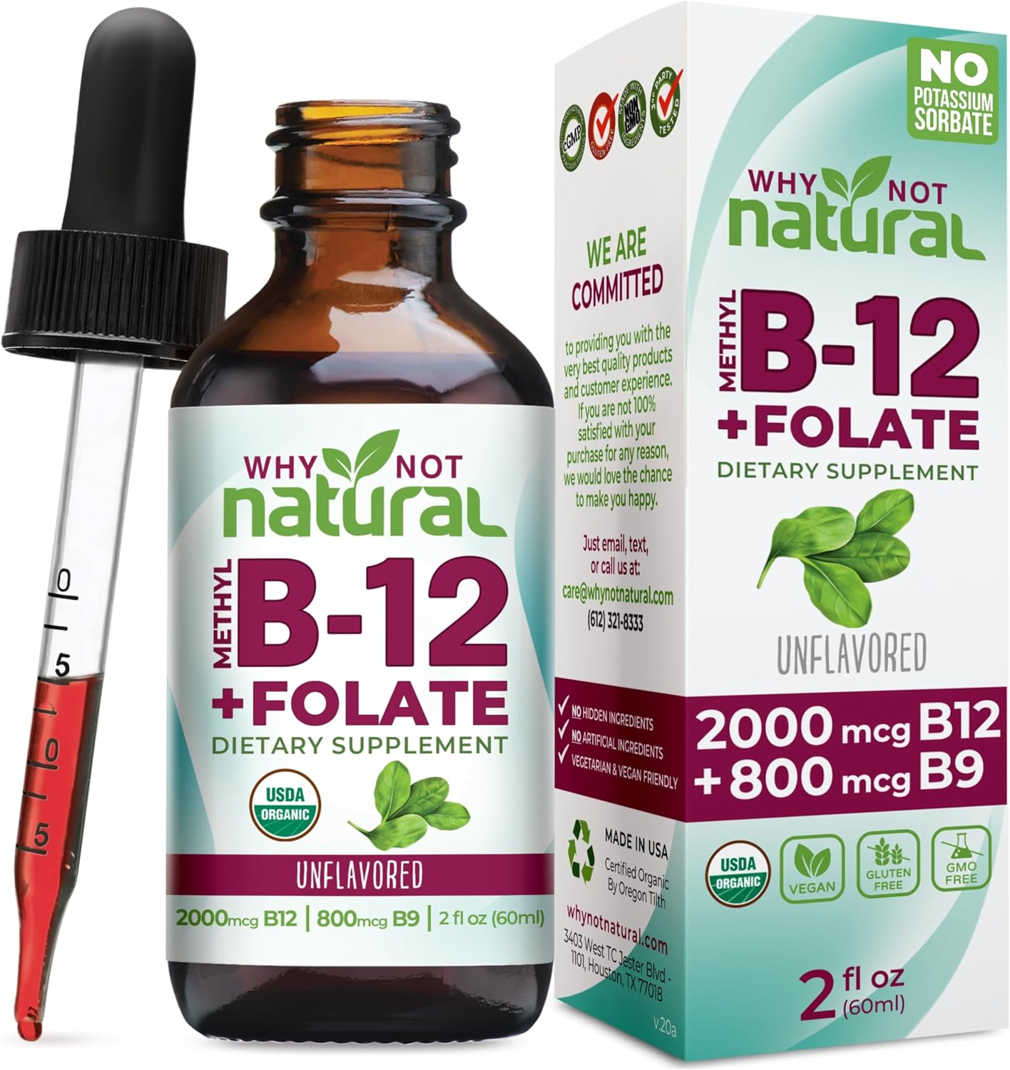 Why Not Natural Vitamin B12 Liquid Plus Folate - Gotas Sublinguales Orgánicas Extra Fuertes Veganas con Metilcobalamina y Ácido Folínico