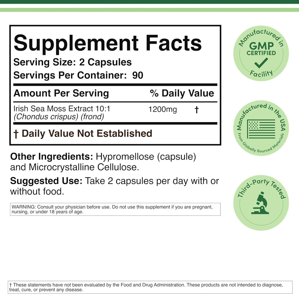 Irish Sea Moss Cápsulas, 180 cápsulas, 1.200 mg por porción - Double Wood Supplements
