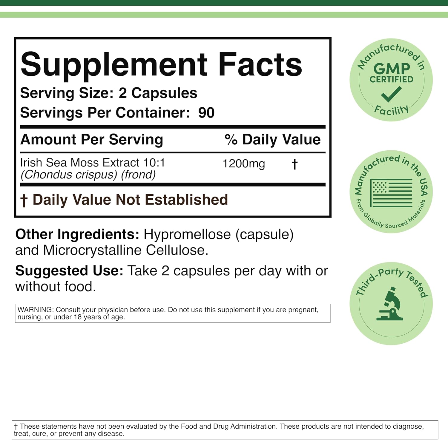 Irish Sea Moss Cápsulas, 180 cápsulas, 1.200 mg por porción - Double Wood Supplements