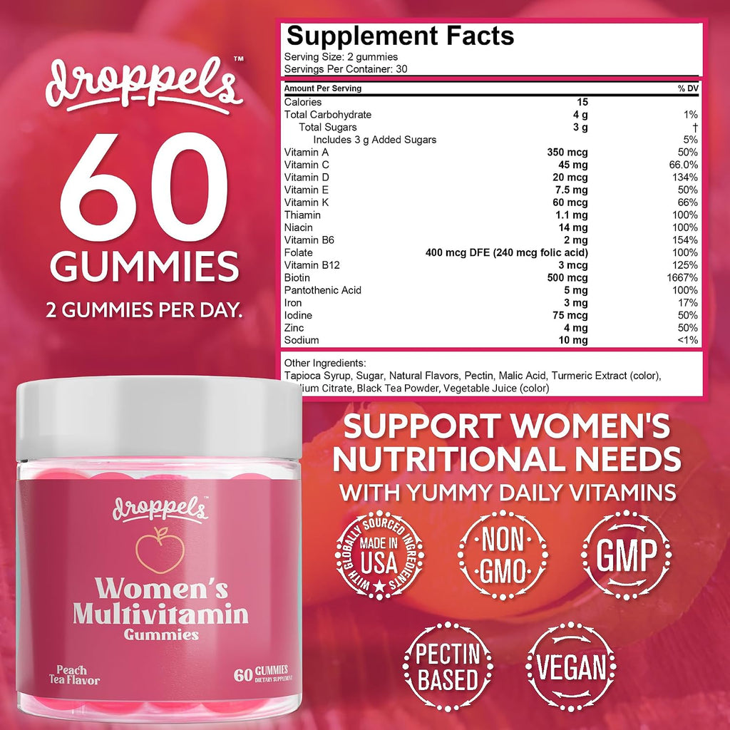 Droppels Gominolas Multivitamínicas para Mujer con Ácido Fólico, Vitaminas A, D, C, E, K, B6, B12, Biotina y Hierro - Vegano, No-GMO - 60 Gomitas Sabor Té de Melocotón
