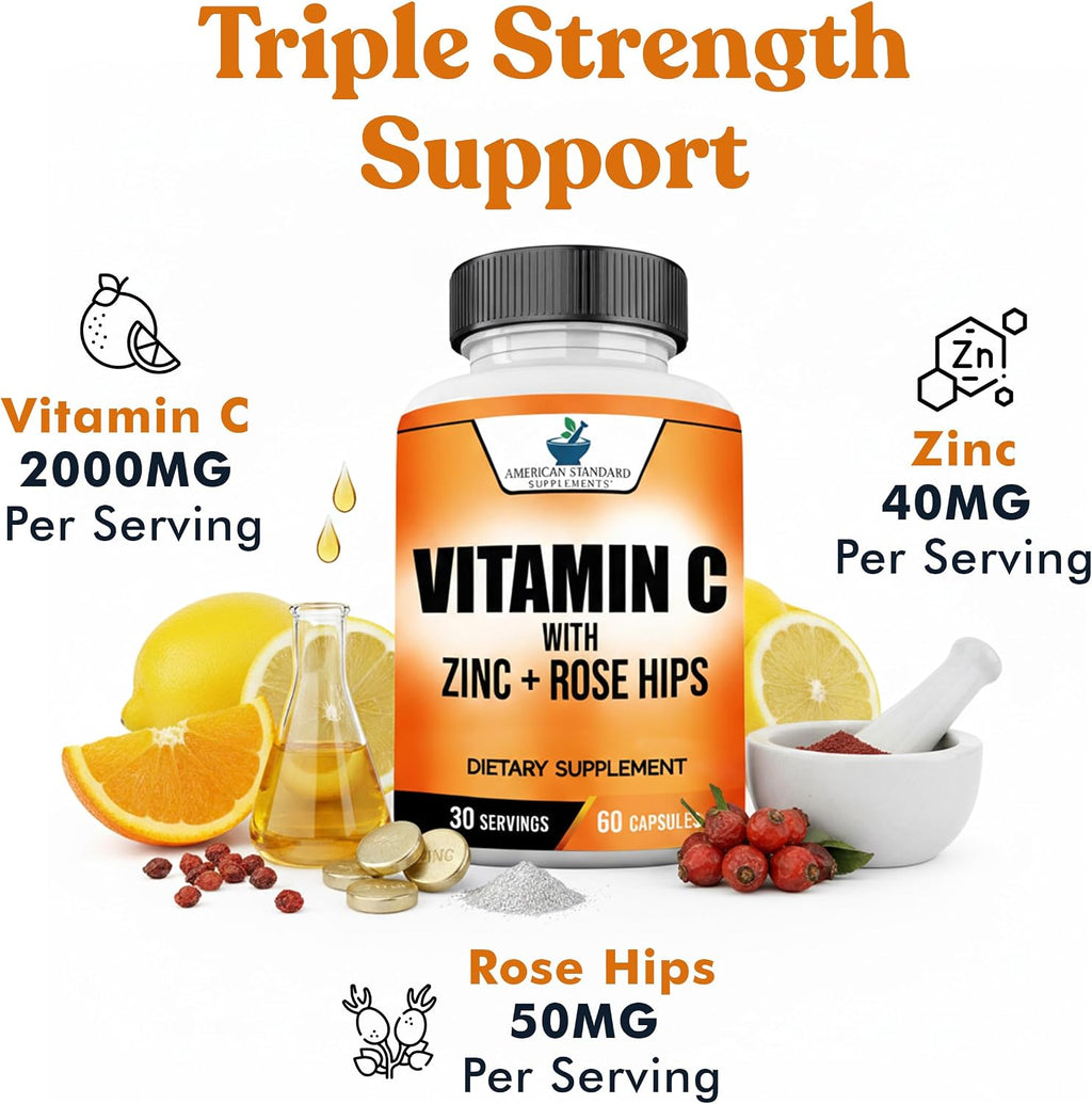 American Standard Supplements Vitamina C 2000mg, Zinc 40mg y Escaramujo 50mg - 60 Cápsulas