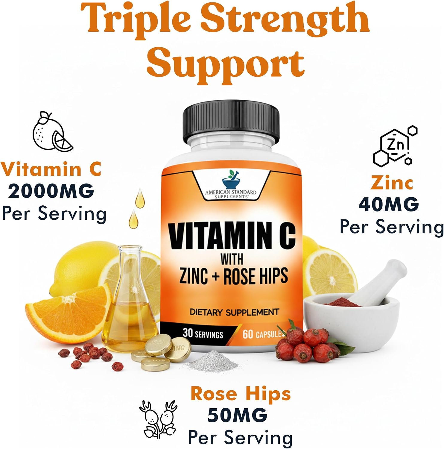 American Standard Supplements Vitamina C 2000mg, Zinc 40mg y Escaramujo 50mg - 60 Cápsulas