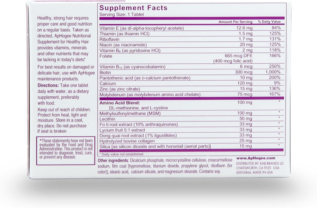 Aphogee Suplemento Nutricional para Cabello Saludable - 30 Comprimidos