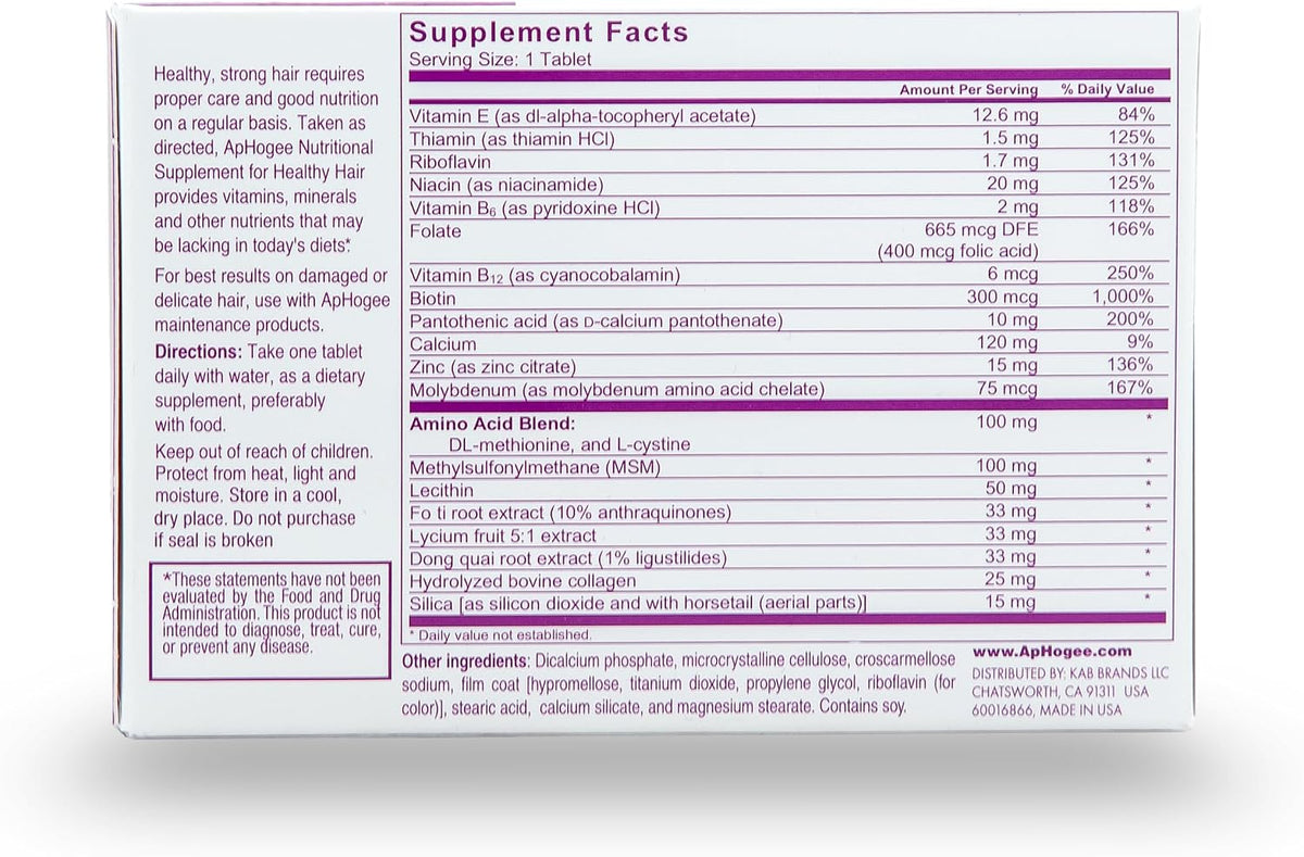 Aphogee Suplemento Nutricional para Cabello – Apoyo al crecimiento saludable: Ingredientes como la biotina y el – Image 2