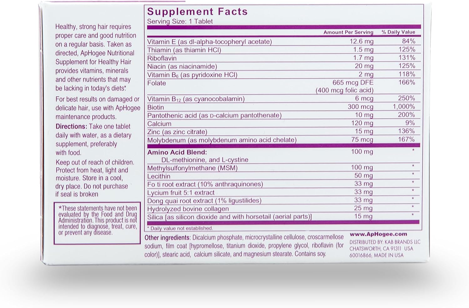 Aphogee Suplemento Nutricional para Cabello Saludable - 30 Comprimidos