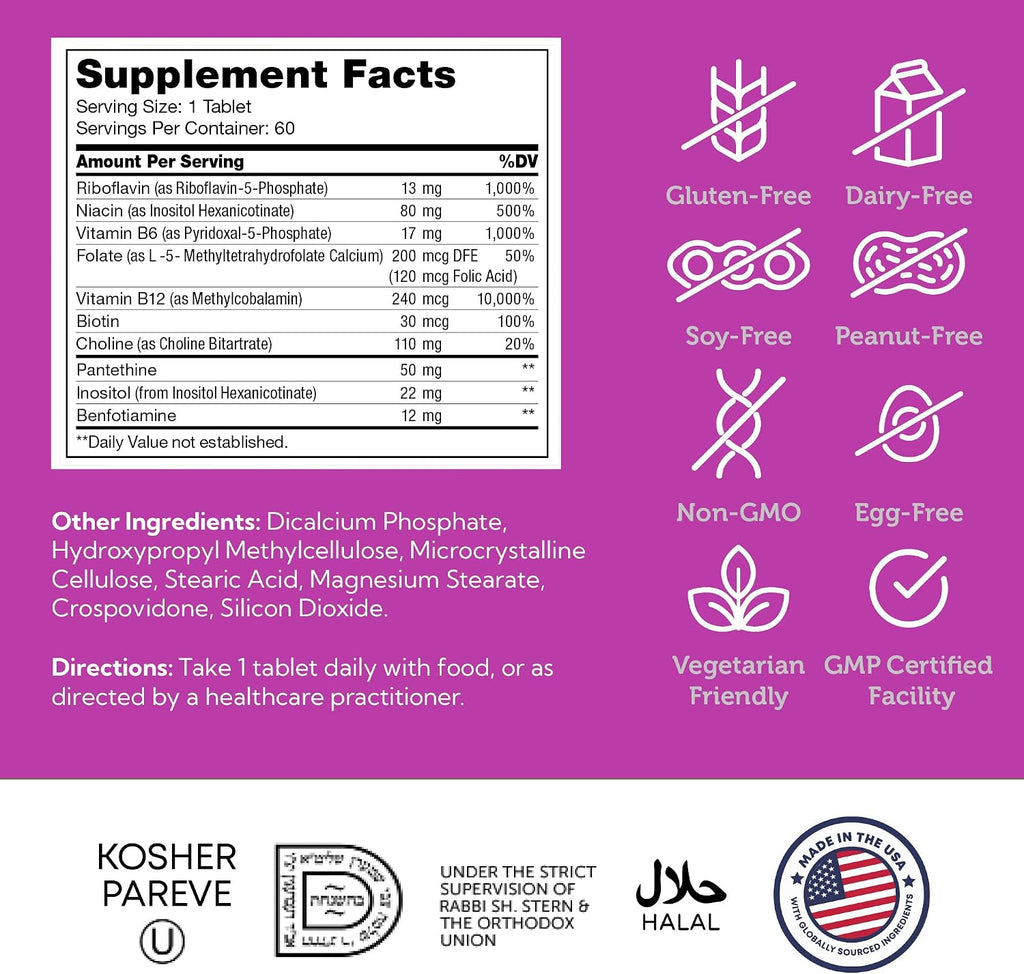 Zahler Complejo B - Vitaminas B1 B2 B3 B5 B6 B7 B9 B12 - Sistema de Liberación Avanzada en 2 Etapas - Sin Gluten Kosher No OGM (60 Comprimidos)