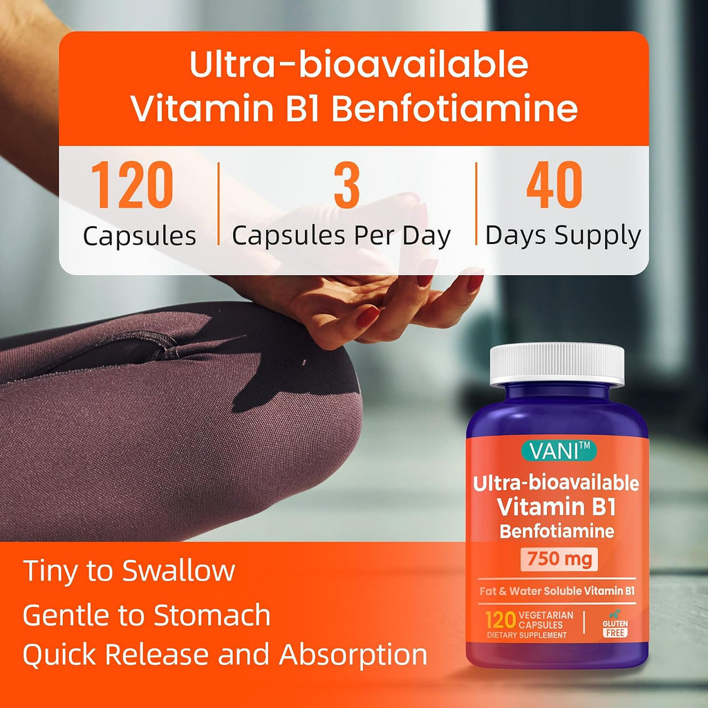 VANI Benfotiamina 750 mg con B1, Vitamina B1 Liposoluble e Hidrosoluble – 120 Cápsulas