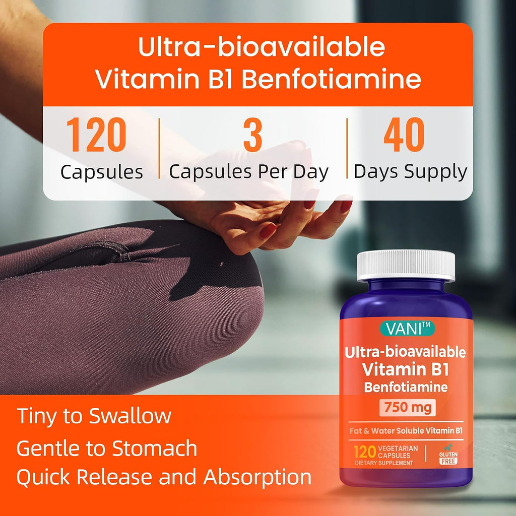 Mega Benfotiamine 750mg con Vitamina B-1, Benfotiamina Altamente Biodisponible, Sin Gluten, 120 Cápsulas