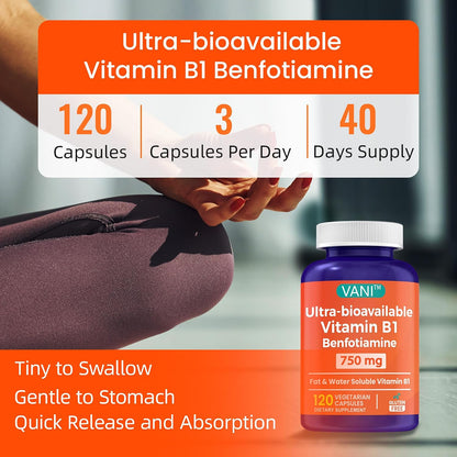 Mega Benfotiamine 750mg con Vitamina B-1, Benfotiamina Altamente Biodisponible, Sin Gluten, 120 Cápsulas