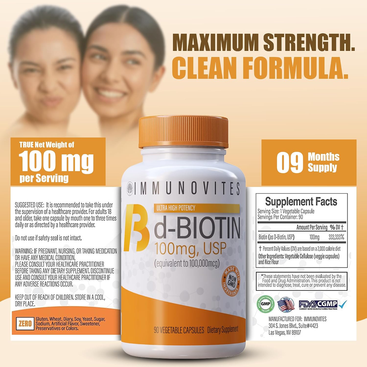 IMMUNOVITES Biotina Alta Dosis 100 mg (100.000 mcg) - 3 Envases de 90 Cápsulas