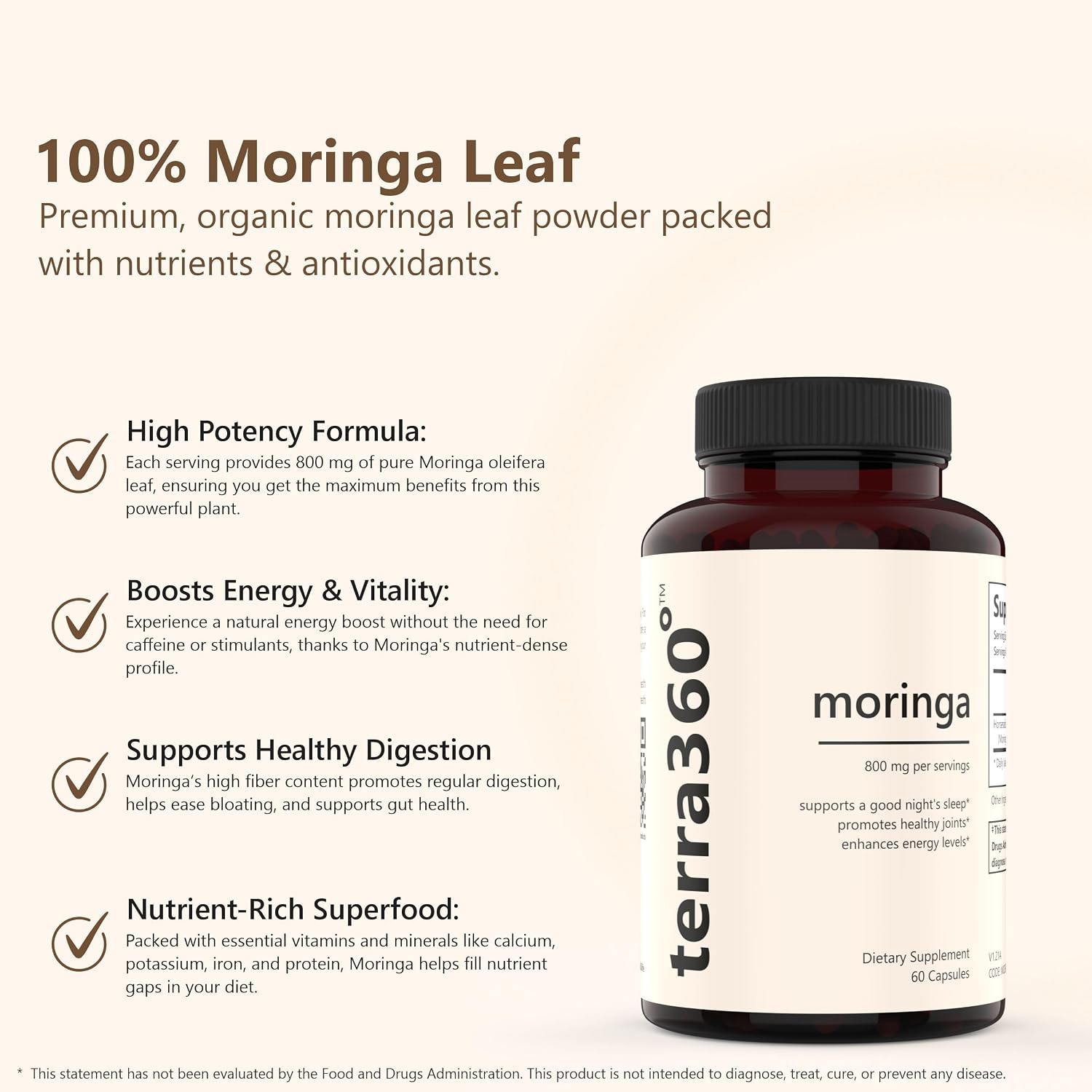 Cápsulas de Moringa Orgánica en Polvo - 800mg, 60 Cápsulas