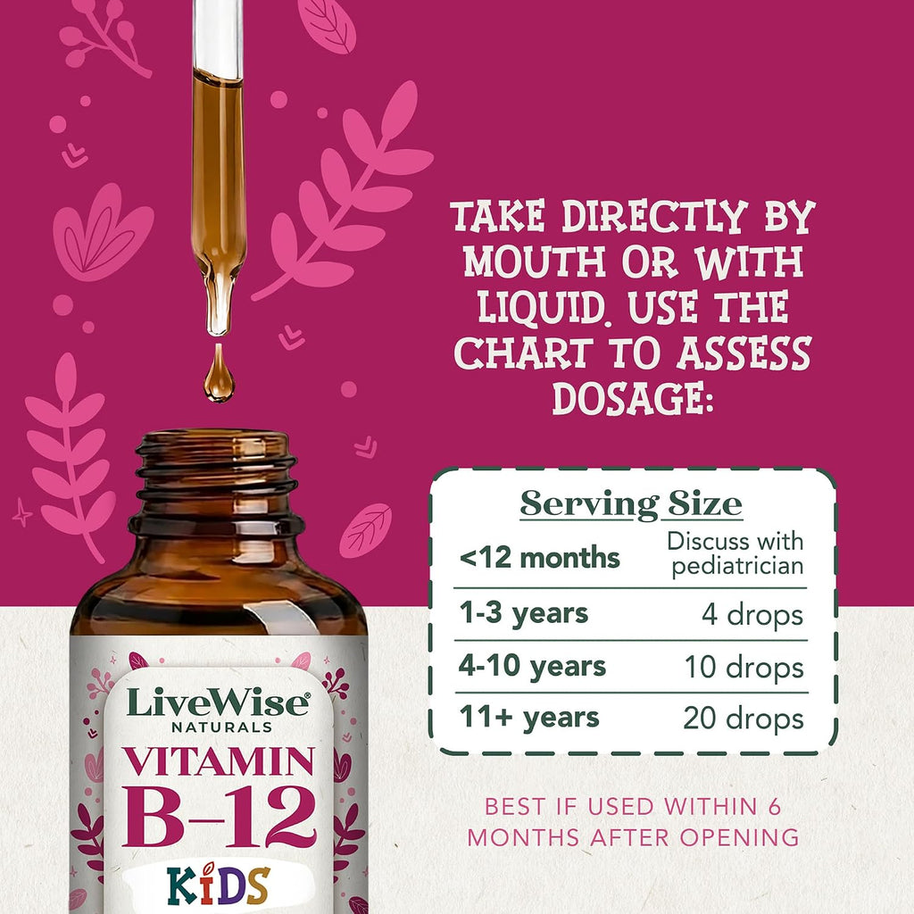 Live Wise Naturals Gotas de Vitamina B12 para Niños - 5mcg por 2 gotas - Vegano, Sin Gluten, No GMO