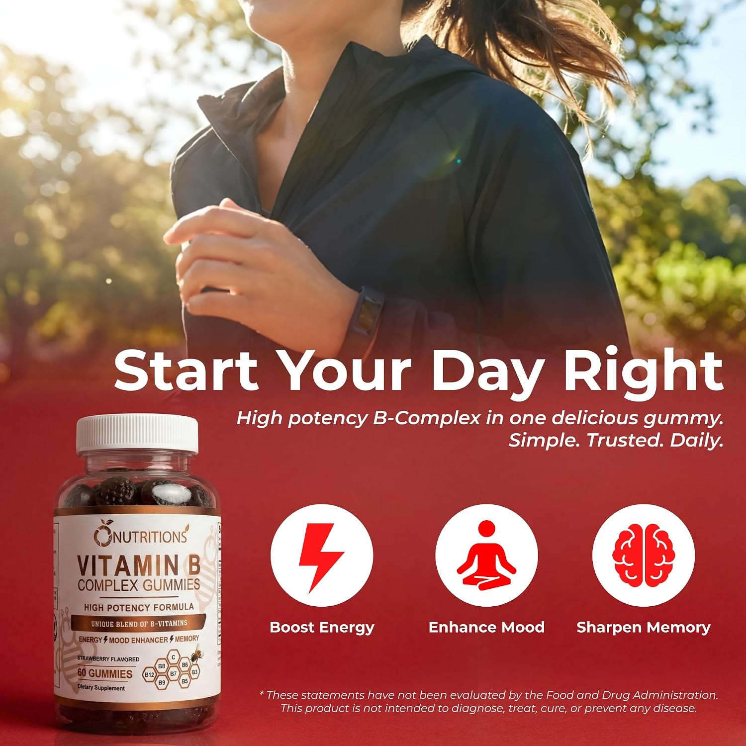 O Nutritions Gominolas de Complejo B para Mujeres y Hombres - Vitaminas B12, Biotina, Folato, Vitamina C - Apoyo Energético y para Cabello, Piel y Uñas - Vegano, Sabor Fresa, 120 Unidades