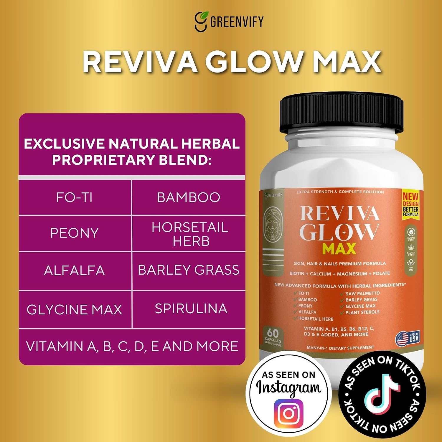 Reviva Glow Max - Apoyo para Cabello, Piel y Uñas | Biotina, Calcio, Magnesio, Folato y Mezcla de Hierbas | 120 Cápsulas, Vegano y Sin Gluten