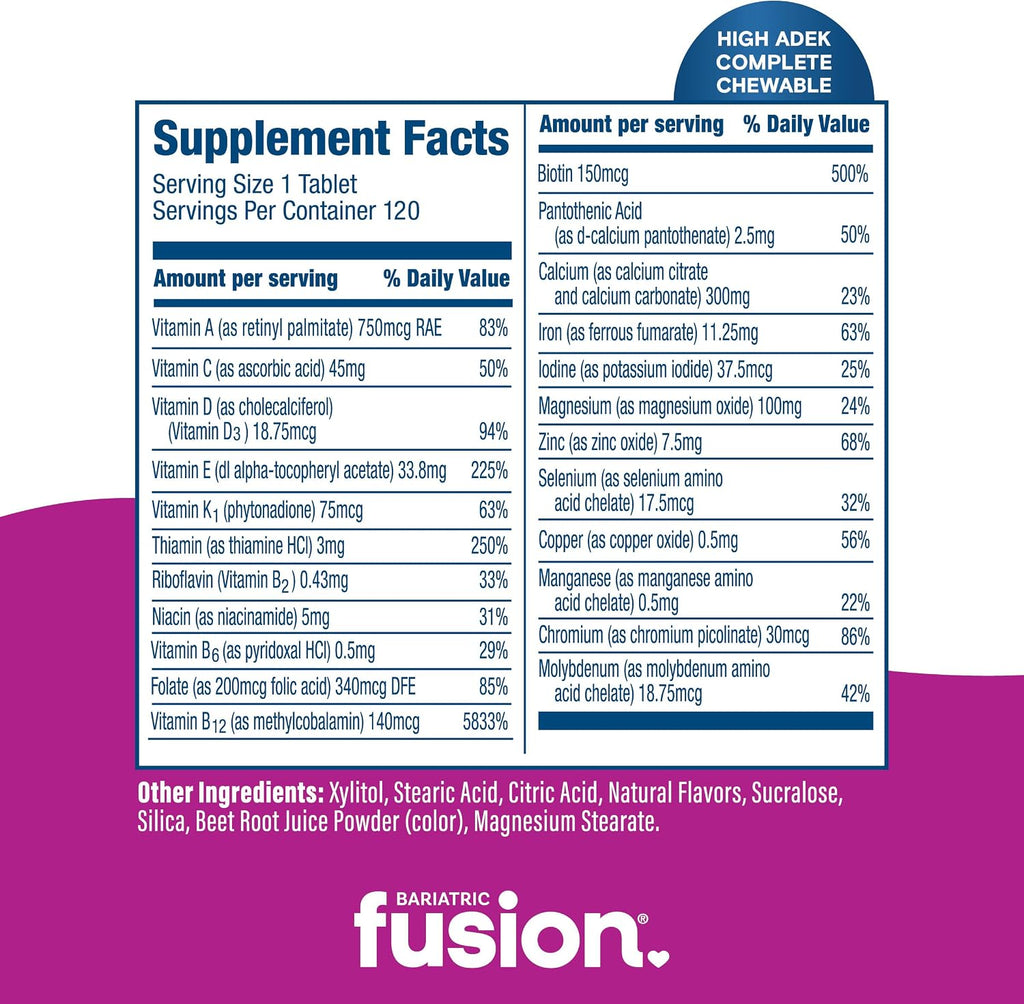 Bariatric Fusion Chewable Multivitamin with High Doses of Vitamins ADEK, Iron, and Calcium - Mixed Berry Flavor - 120 Tablets (1 Month Supply)
