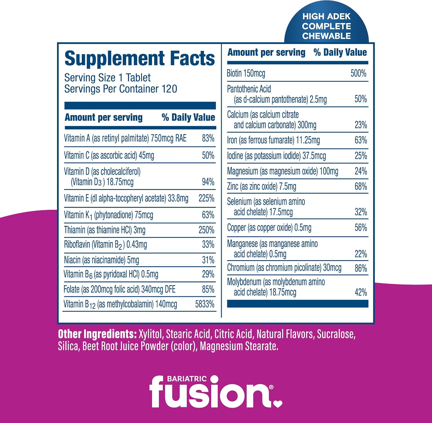 Bariatric Fusion Chewable Multivitamin with High Doses of Vitamins ADEK, Iron, and Calcium - Mixed Berry Flavor - 120 Tablets (1 Month Supply)