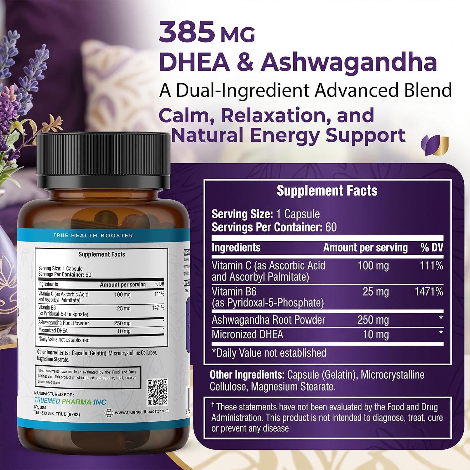 TRUEMED DHEA & Ashwagandha 385mg – Ashwagandha 250mg, DHEA 10mg, Vitamina C y B6 – Apoya la Relajación, Energía Natural y Estado de Ánimo Equilibrado – 60 Cápsulas Veganas