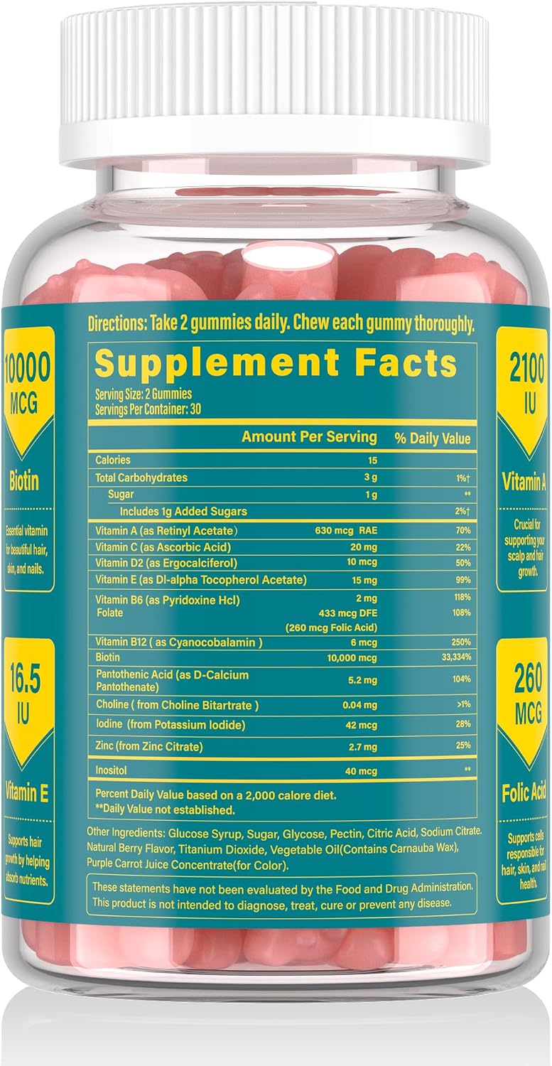 Lazpowfi Biotin Gummies - Gominolas de Biotina para Cabello, Piel y Uñas, Vegano, 60 unidades