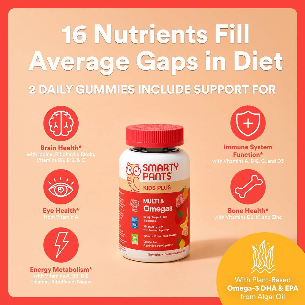 SmartyPants Kids Multivitamin Gummies con Omega 3 DHA/EPA, Vitaminas D3, C, B12, B6, A, K y Zinc, Sin Gluten, 60 Gomitas (30 Días)