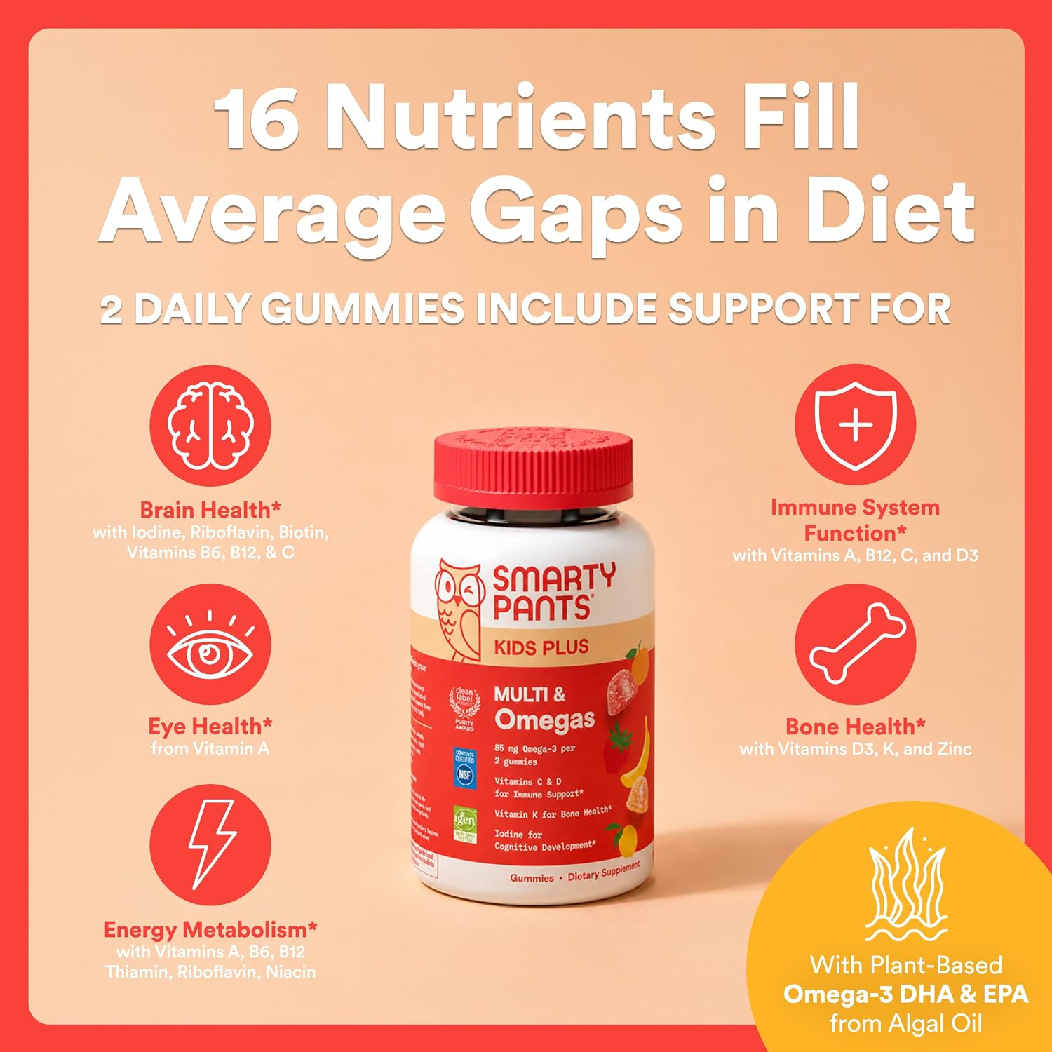 SmartyPants Kids Multivitamin Gummies con Omega 3 DHA/EPA, Vitaminas D3, C, B12, B6, A, K y Zinc, Sin Gluten, 60 Gomitas (30 Días)