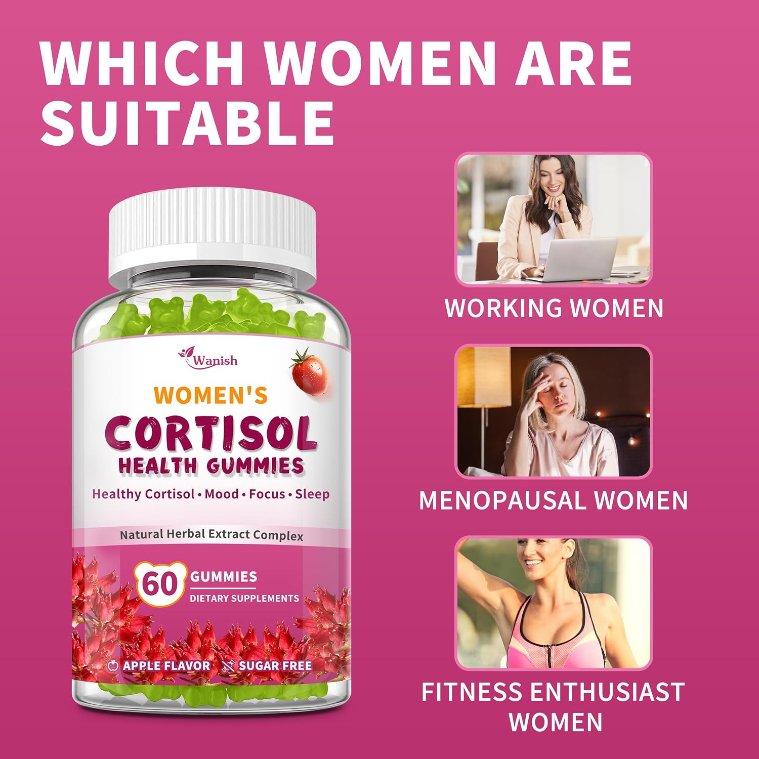 Wanish Gominolas de Cortisol para Mujeres - 60 Gominolas Sabor Manzana