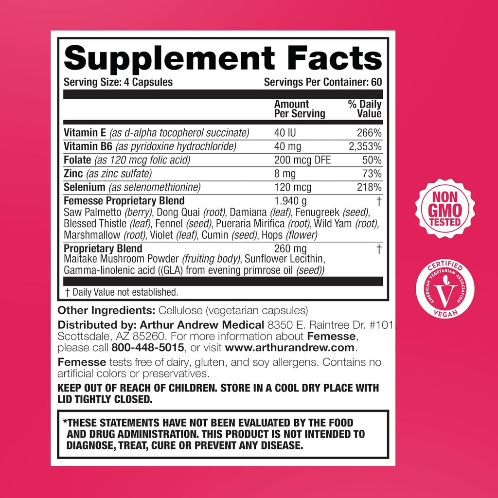 Arthur Andrew Medical Femesse – Apoyo Hormonal y Belleza, Vegano, Sin Gluten, 240 Cápsulas