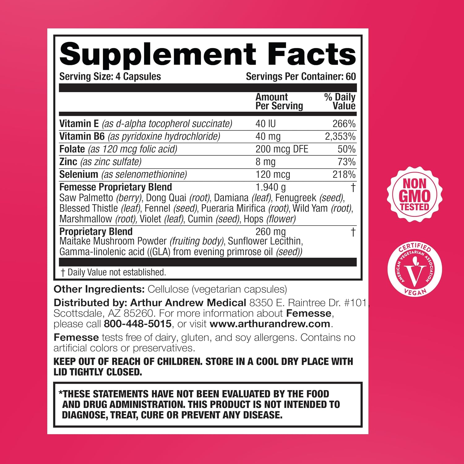 Arthur Andrew Medical Femesse – Apoyo Hormonal y Belleza, Vegano, Sin Gluten, 240 Cápsulas