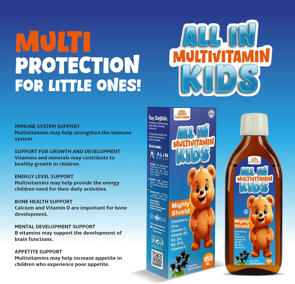 All in Multivitamin Kids Syrup – Black Elderberry Flavored, Inositol, Zinc, Vitamin C, Daily Liquid Multivitamin for Kids Immune, Growth, Appetite, Energy – 150 ml / 5 fl oz