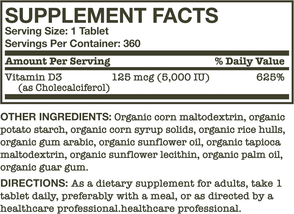 Futurebiotics Vitamin D3 5,000 IU (125 mcg) Orgánica Certificada USDA - 360 Comprimidos