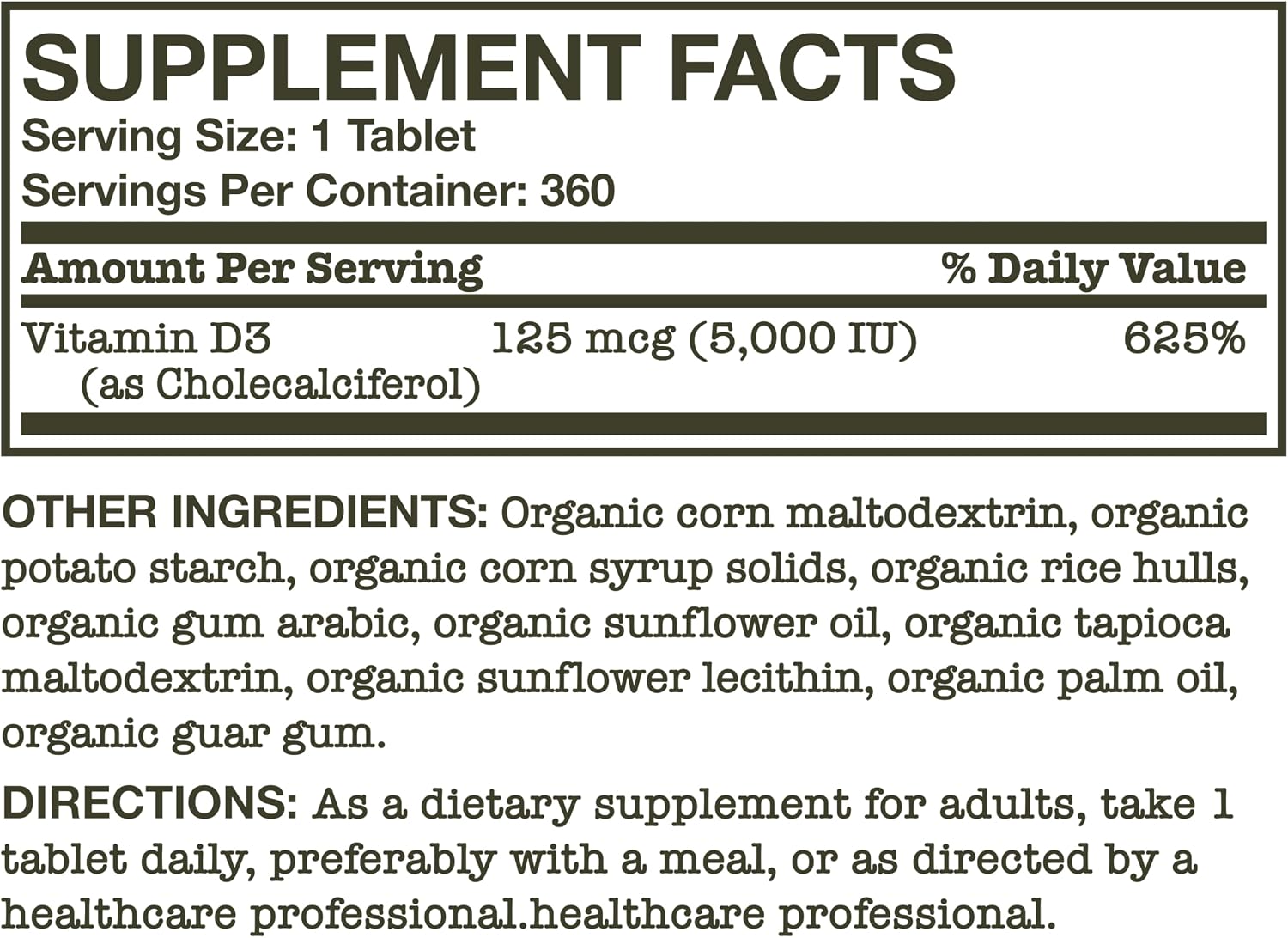Futurebiotics Vitamin D3 5,000 IU (125 mcg) Orgánica Certificada USDA - 360 Comprimidos