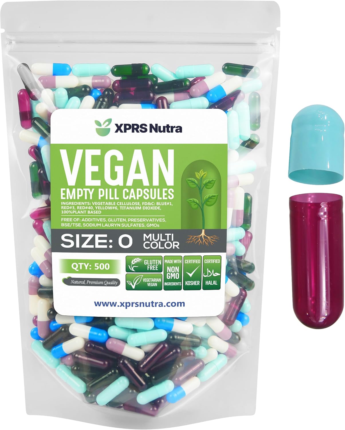 XPRS Nutra Cápsulas Vacías Veganas Tamaño 0 - 1000 Unidades - Cápsulas Vegetarianas para Rellenar - DIY Suplementos (Multicolor)