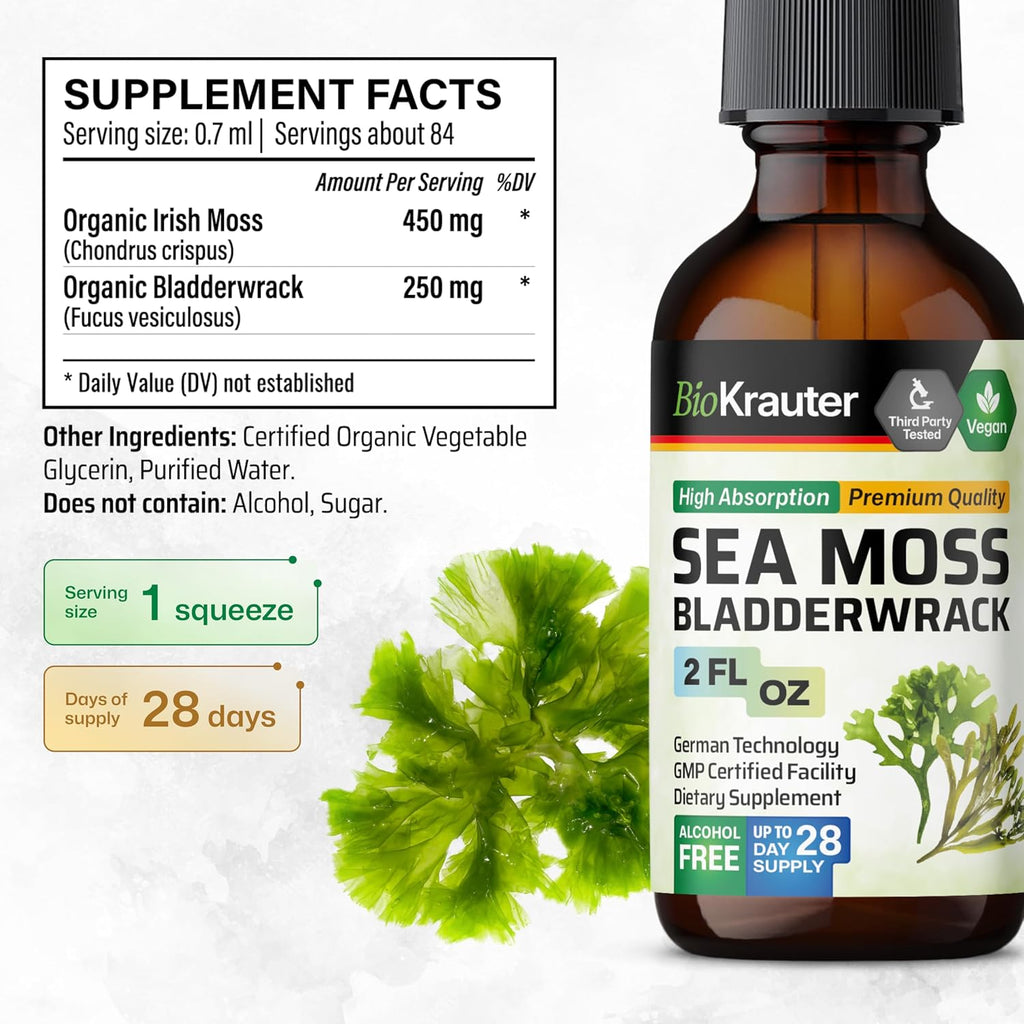 BIO KRAUTER® 2-in-1 Sea Moss y Bladderwrack Gotas – Suplemento Vegano de Algas Marinas, 59 ml