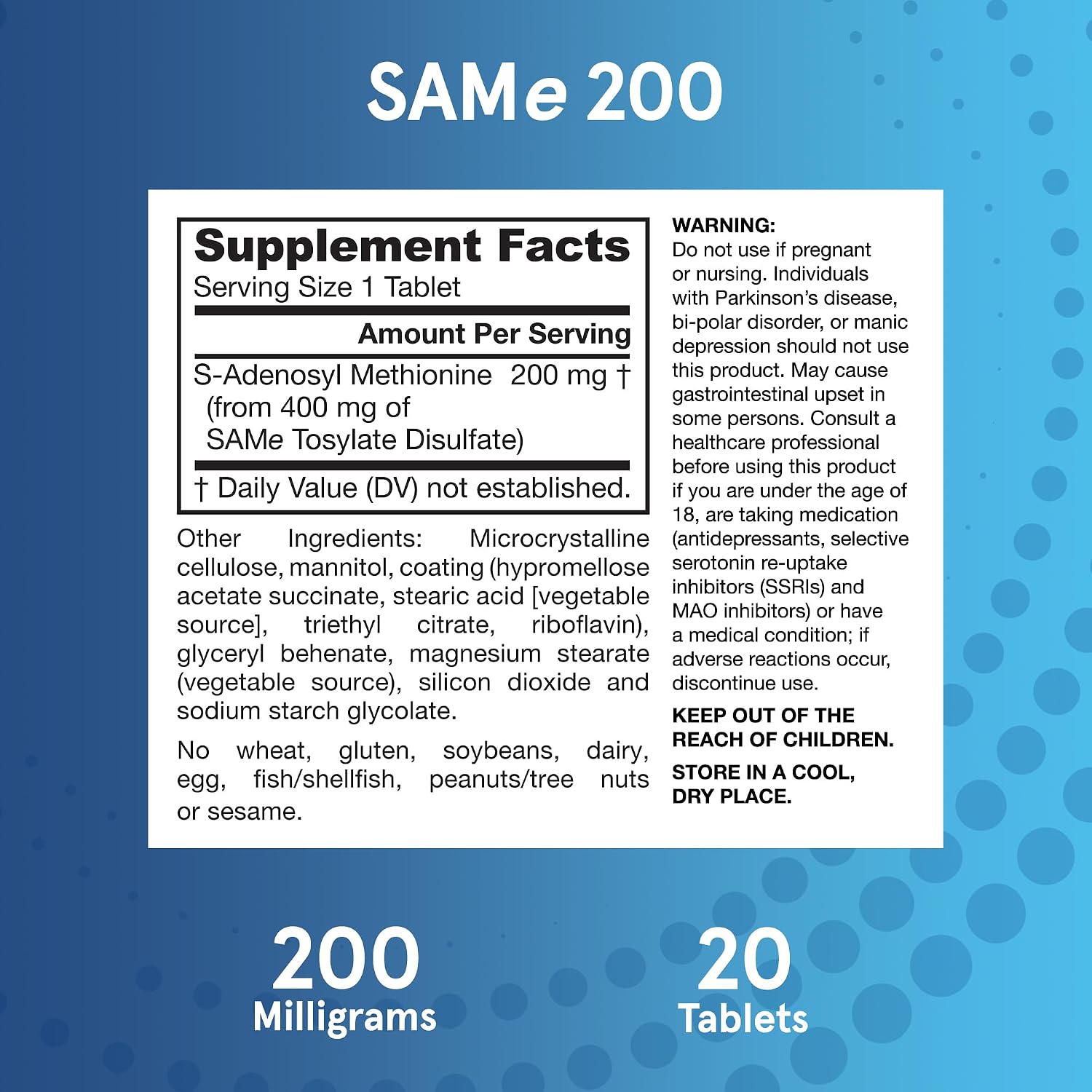 Jarrow Formulas SAMe 200 mg - 20 Tabletas con Recubrimiento Entérico