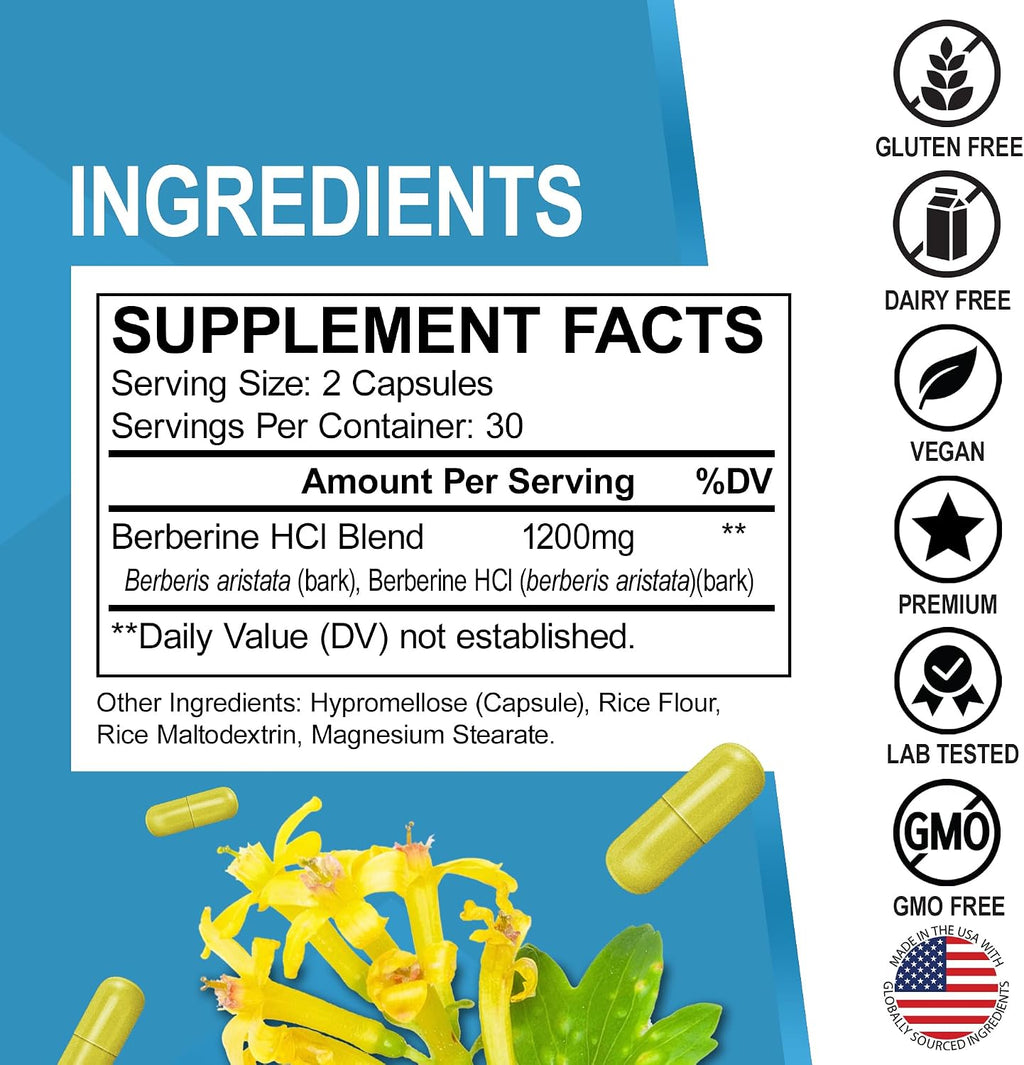 Berberina 1200mg Cápsulas - Suplemento de Berberina HCL - Apoyo Metabólico Saludable - 60 Comprimidos