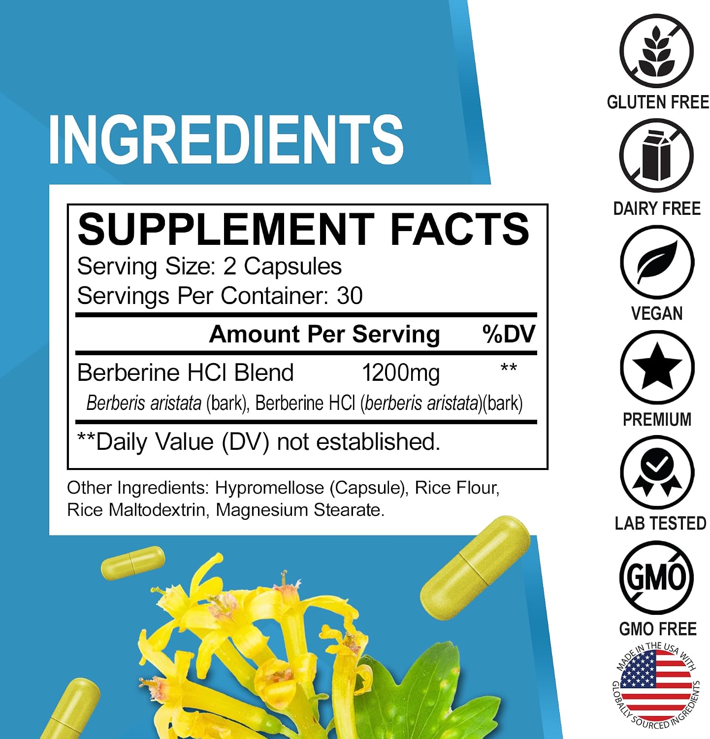 Berberina 1200mg Cápsulas - Suplemento de Berberina HCL - Apoyo Metabólico Saludable - 60 Comprimidos