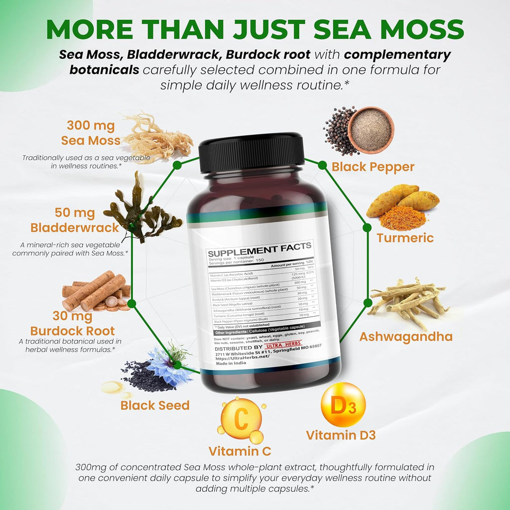 Ultra Herbs Cápsulas de Sea Moss con Aceite de Nigella, Ashwagandha, Vitamina D3 y C | 12 en 1 | Apoyo Inmunológico | 150 Cápsulas | Sin Gluten | No GMO