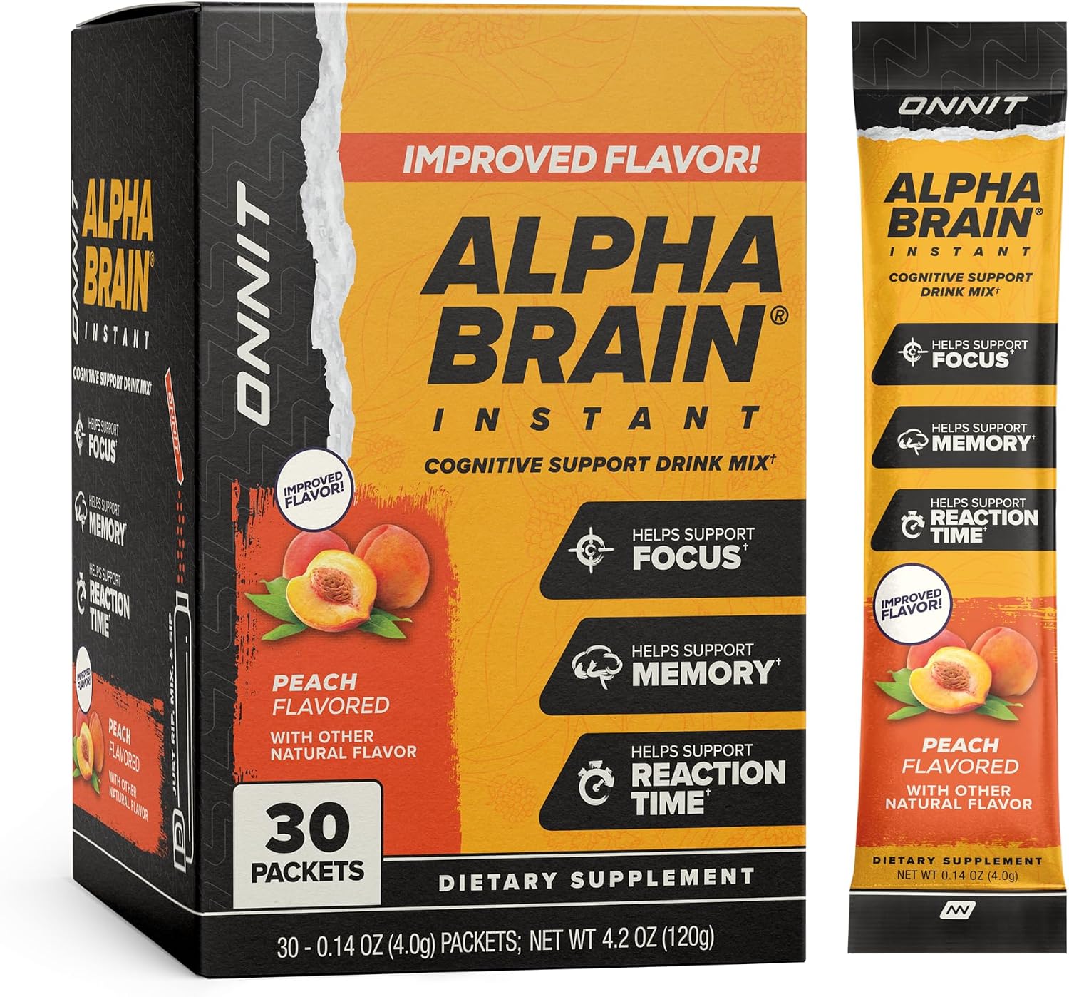 ONNIT Alpha Brain Instant - Mezcla para Bebida de Apoyo Cognitivo, Sabor Melocotón, 30 Sobres