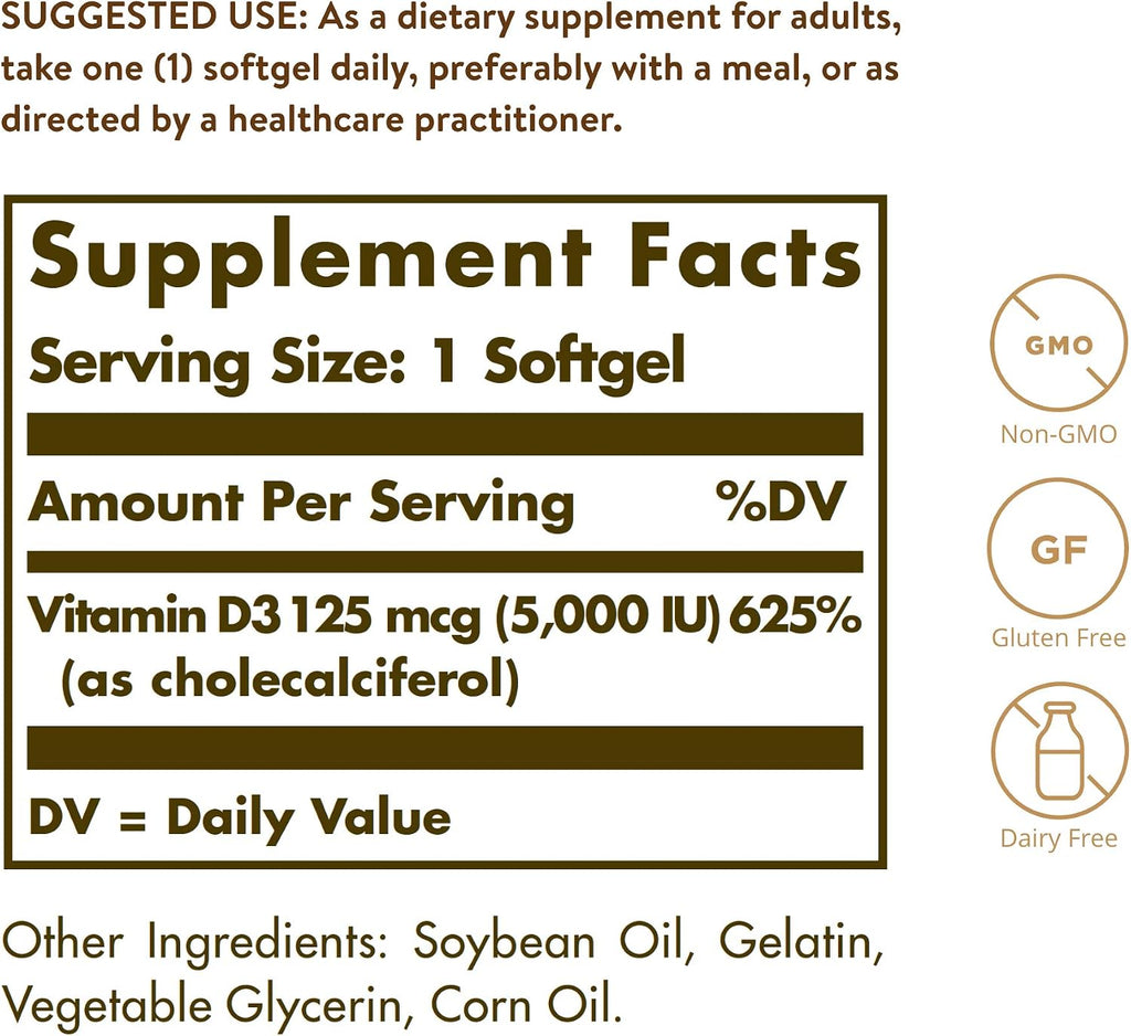 Solgar Vitamina D3 (Colecalciferol) 125 mcg (5000 UI), 100 Cápsulas Blandas