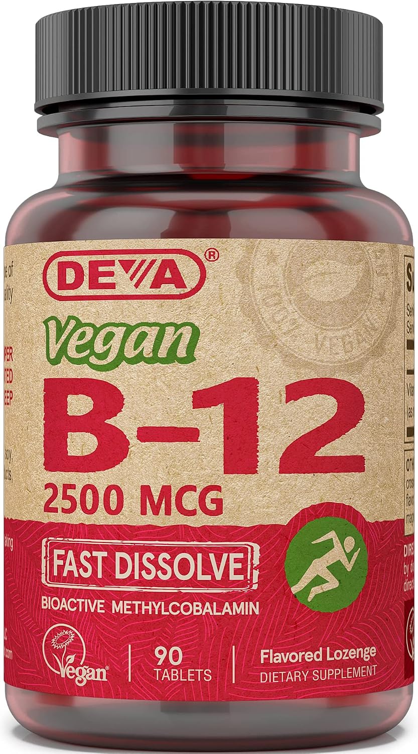 DEVA Nutrition Tabletas sublinguales veganas B-12 de disolución rápida, 2500 mcg, 90 unidades