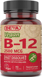 DEVA Vitaminas B12 Veganas, 2500 mcg Metilcobalamina, Comprimidos Sublinguales de Disolución Rápida, 90 Unidades (Paquete de 2)