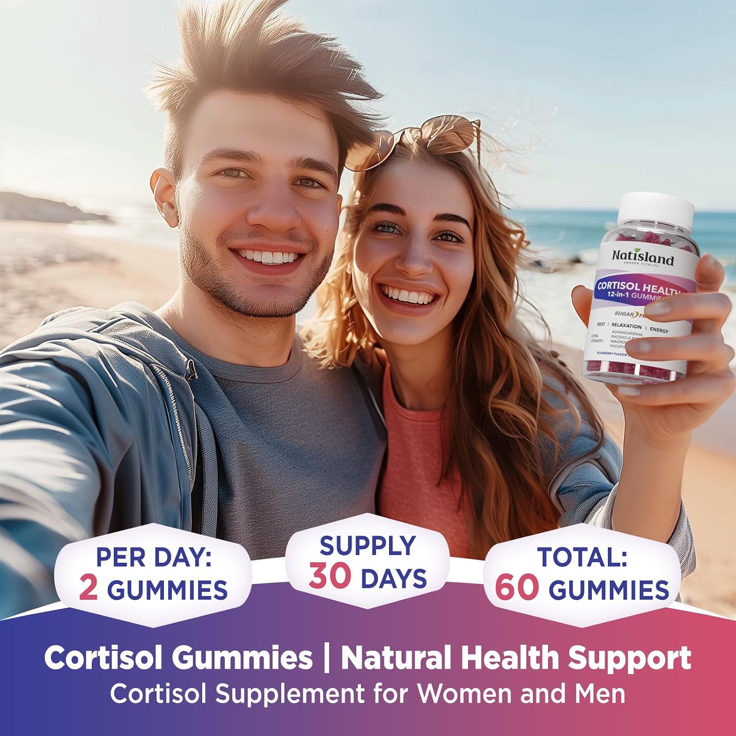 NATISLAND Cortisol Gummies 12-en-1 – Reduce Cortisol con Magnesio, Ashwagandha, L-Teanina, Vitamina B6 y D3, Sin Azúcar, Vegano, 60 Gomitas