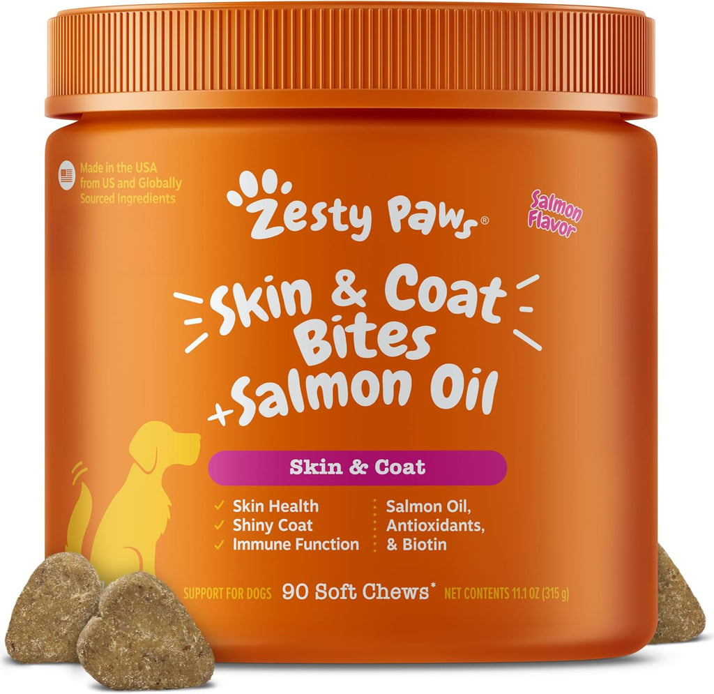 Zesty Paws Aceite de Salmón para Perros - Golosinas Omega 3 para Piel y Pelaje, 90 unidades