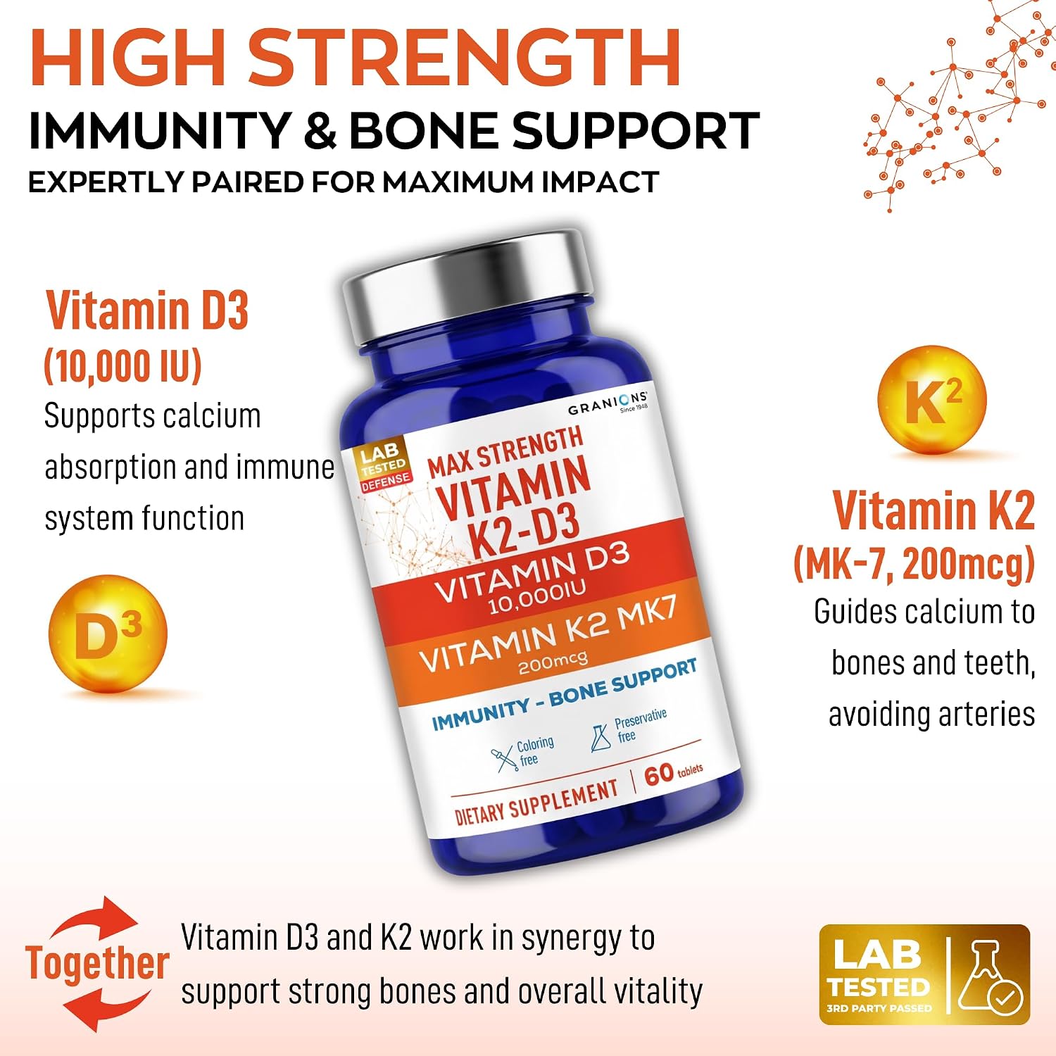 Granions Max Strength Vitamina D3 K2 10.000 UI + 200 mcg MK-7, 60 Comprimidos