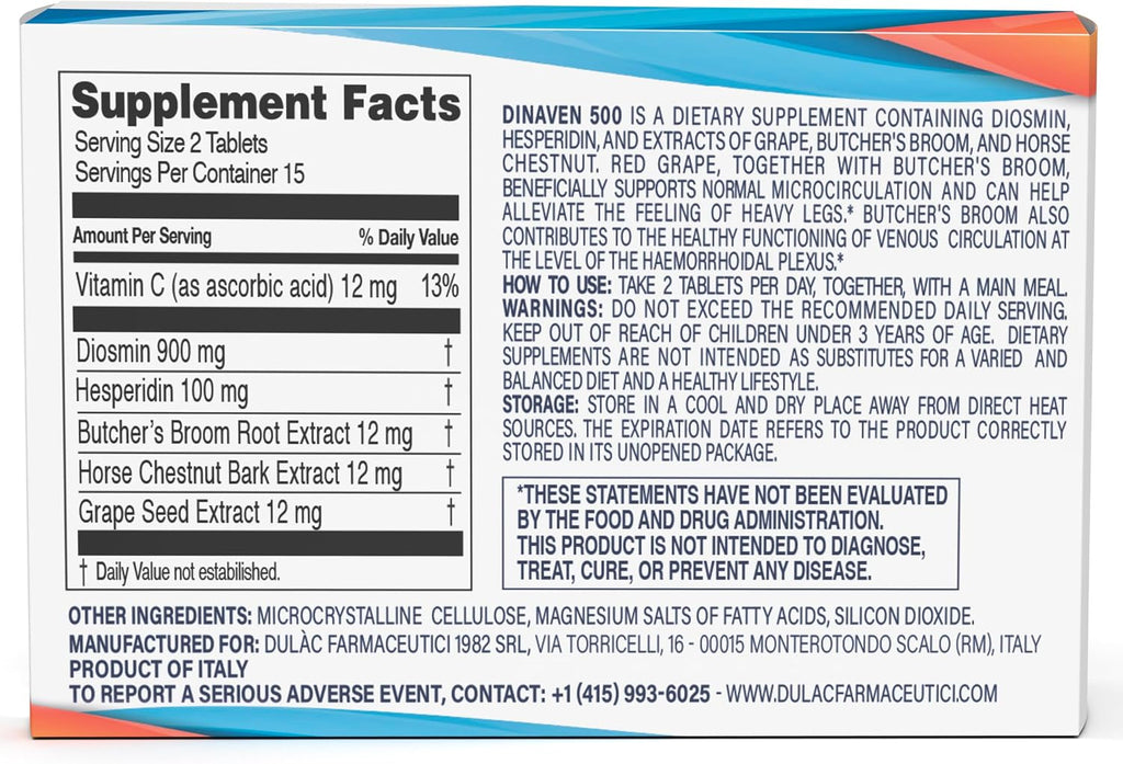 Dulac Dinaven 500 - Suplemento alimenticio con diosmina y hesperidina (1000 mg), extracto de castaño de indias, rusco y uva roja, para el soporte circulatorio de las piernas, 30 comprimidos, fabricado en Italia