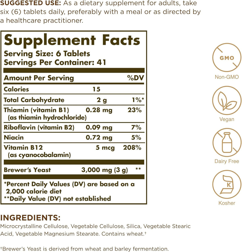 Solgar Brewer's Yeast 7½ Grains with Vitamin B12 - 250 Tablets, 2-Pack - Non-GMO, Vegan, Dairy-Free, Kosher - 82 Servings