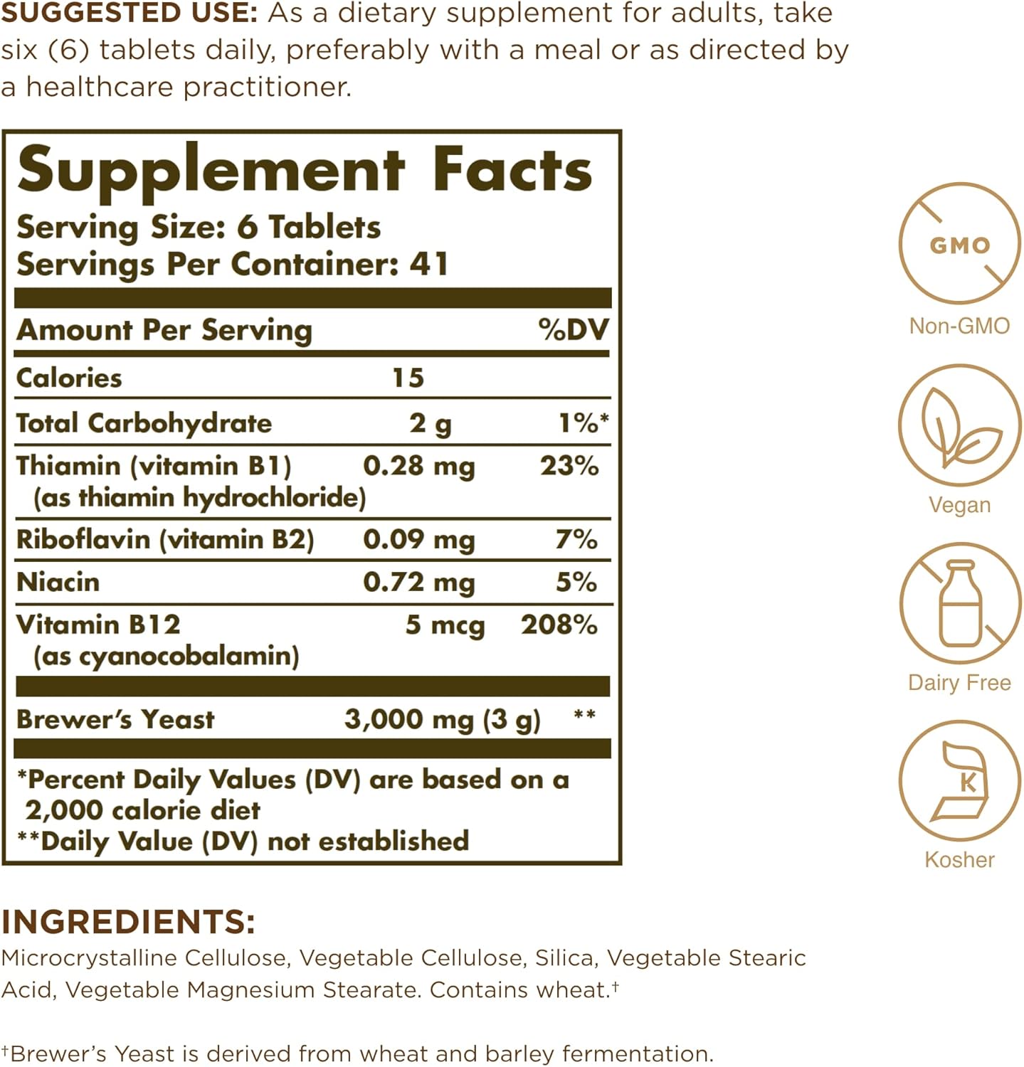 Solgar Brewer's Yeast 7½ Grains with Vitamin B12 - 250 Tablets, 2-Pack - Non-GMO, Vegan, Dairy-Free, Kosher - 82 Servings