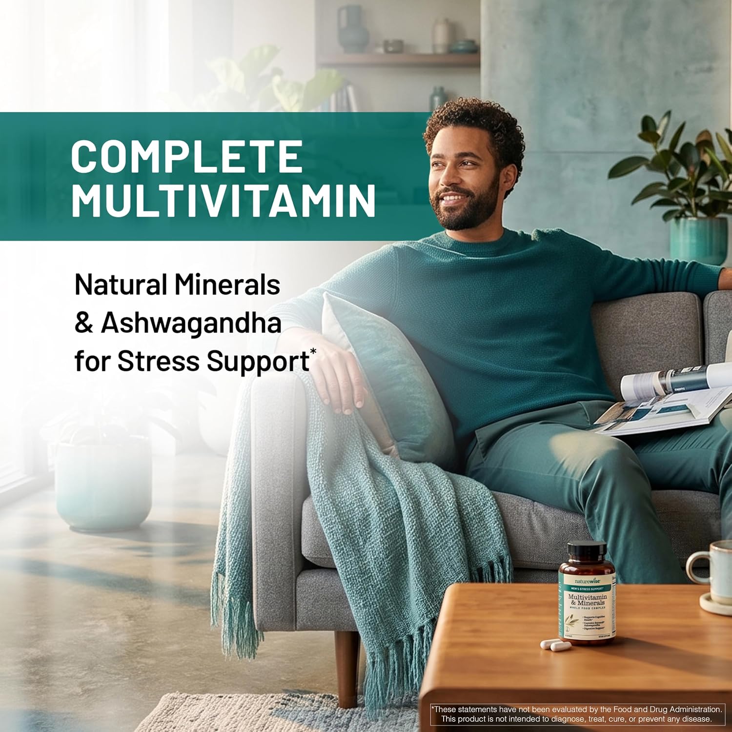 NatureWise Multivitamínico para Hombres + Apoyo Anti Estrés + Minerales Iónicos Fúlvicos + Probióticos - 60 Cápsulas (1 Mes)