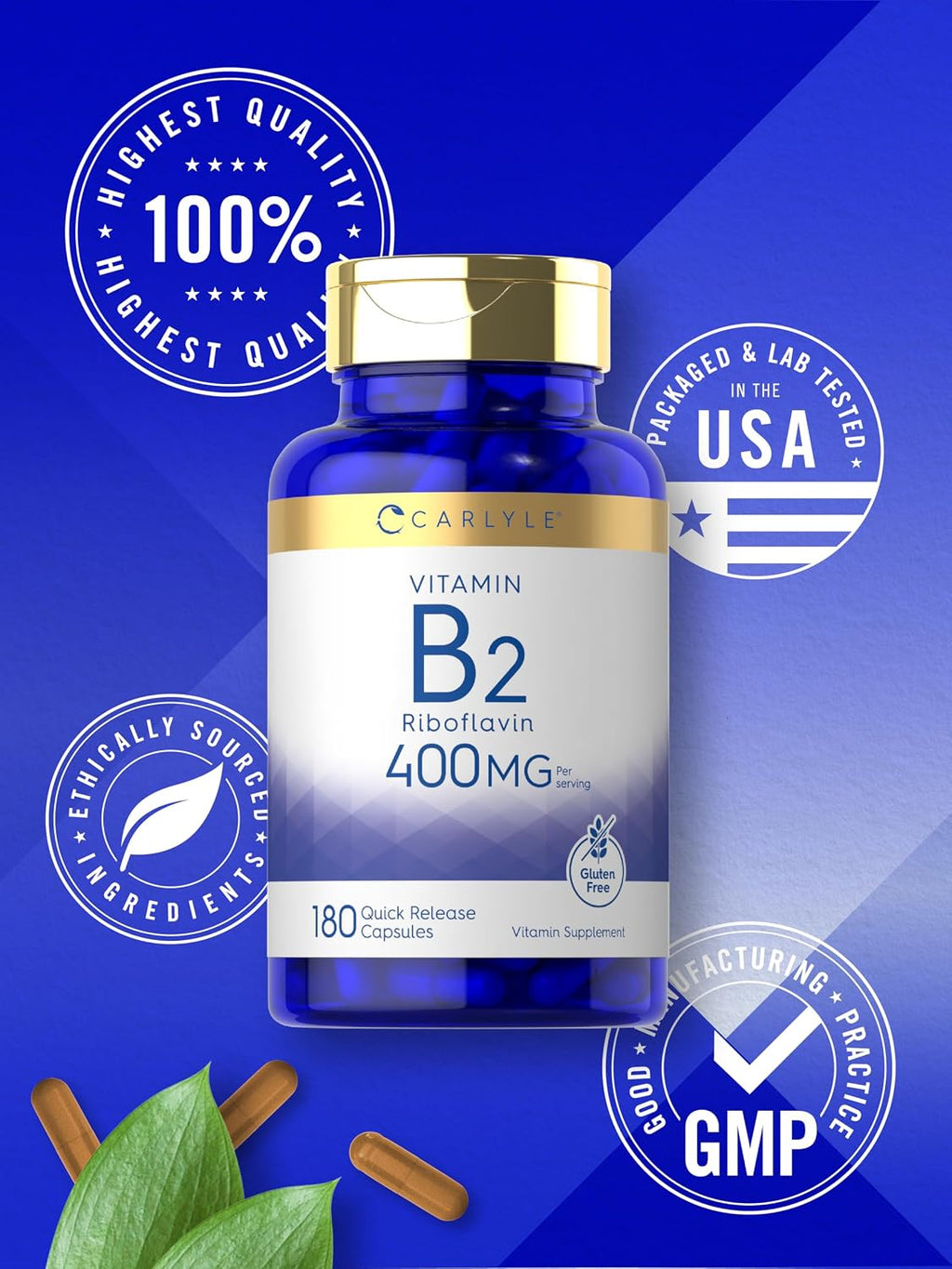 Carlyle Vitamina B-2 400 mg | 180 Cápsulas | Suplemento No Transgénico, Sin Gluten | B2 Riboflavina