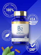 Carlyle Vitamina B-2 400 mg | 180 Cápsulas | Suplemento No Transgénico, Sin Gluten | B2 Riboflavina