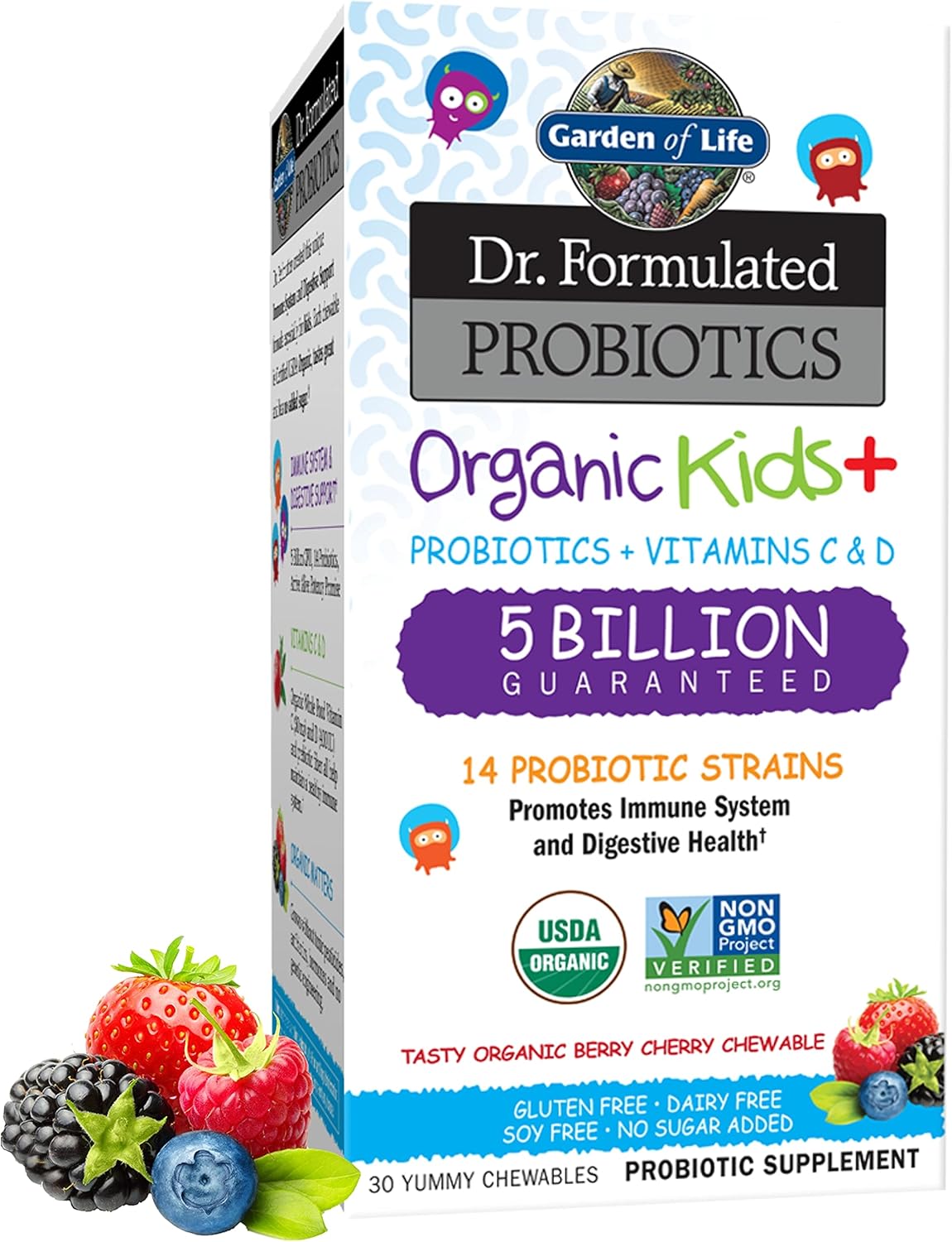 Garden of Life Dr. Formulated Probiotics Organic Kids+ - Probióticos para Niños con Fibra Prebiótica y Vitaminas C y D - Sabor Bayas Cereza, 30 Gomitas